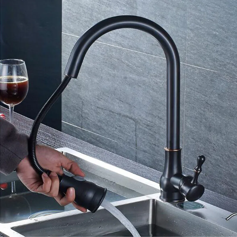 

Pull Down with Sprayer Kitchen Faucet in Oil Rubbed Bronze Bathroom Mixer SInk Faucet Hot Cold Water Tapware