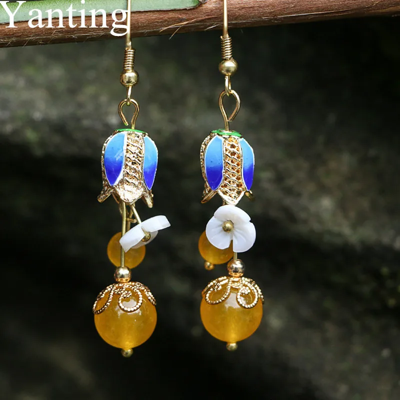 

Yanting Cloisonne Flower Dangle Earrings For Women Shell Flower Vintage Earrings With Yellow Stone Ethnic Statement Earring 0253