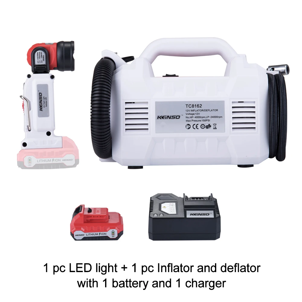 

Keinso 12V power tools set Inflator and deflator and LED light with one lithium battery and one charger