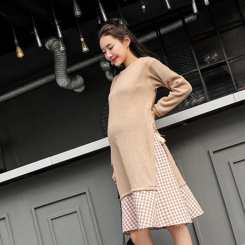 

Fashion Patchwork Pregnancy knitted Dresses for Pregnant women Autumn Winter Maternity Party Dress Elegant Maternity clothes