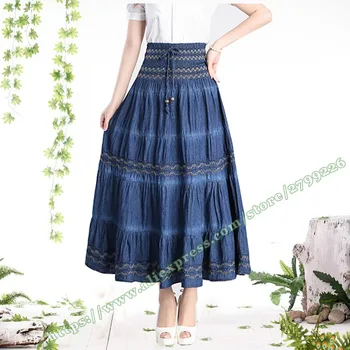 

2019 Bohemia Spring Summer Fashion BOHO Cute Casual Denim High Waist Pleated Beach female Maxi Skirt / womens Plissee Skirts