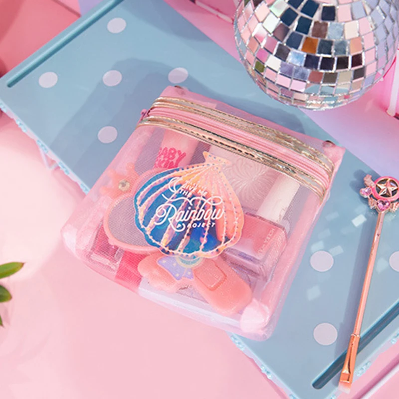 جديد الوردي شبكة التجميل حقيبة للنساء صغيرة الهولوغرام قذيفة ماكياج المنظم سستة لطيف الفتيات عملة جيب كيس التخزين