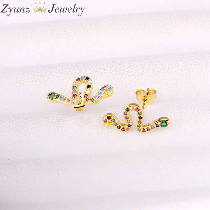 

3Pairs, Colorful cz crystal zirconia snake studs fashion ear jewelry
