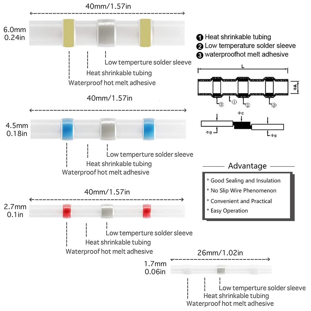 SST термоусадочные стыковые провода разъемы водонепроницаемый Луженая Медь припой уплотнительные клеммы комплект красный синий белый желтый