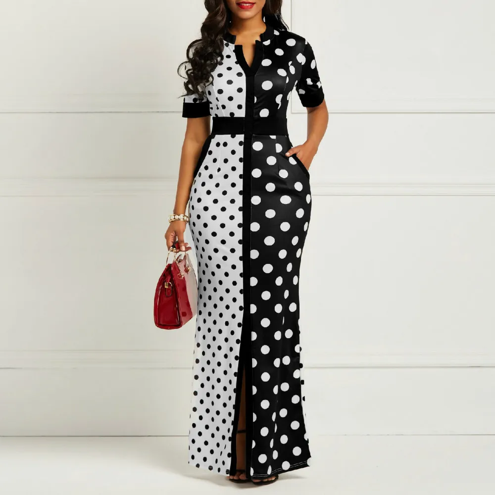 

Uguest Women Black White Patchwork Polka Dot Dress Turn-down Collar Short Sleeve Stylish Party Dress Summer Maxi Long vestidos