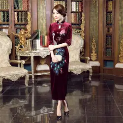 Осень-зима китайское традиционное платье моды дизайн с длинными рукавами китайский Стиль Вечеринка платье Qipao Лонг Cheongsam