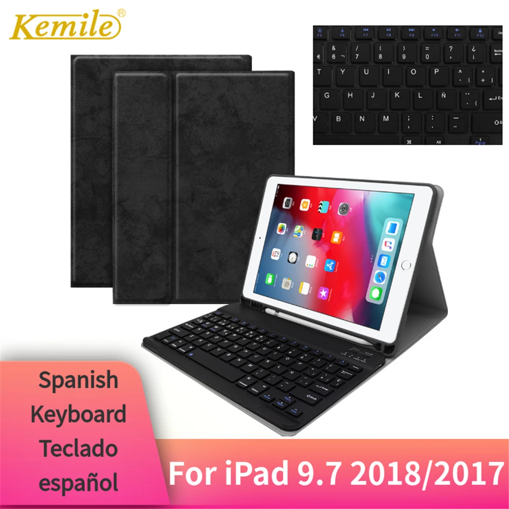 

For iPad 2018 9.7 Case Bluetooth Keyboard W Pencil holder Leather Cover For iPad 2018 2017 Pro 9.7 Air 1/2 Case Spanish Teclado