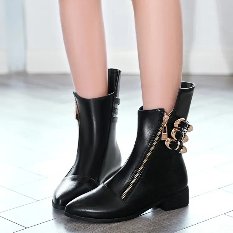 

Big Size 11 12 13 Metal Decorative Belt Button Short Chelsea Boots with Point, Rough heel and Low heel Side Zipper