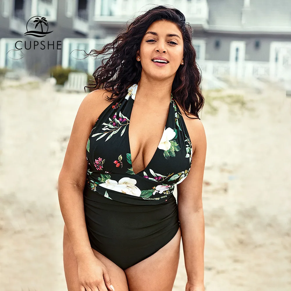 Günstig CUPSHE Plus Größe Floral Blatt Druck V ausschnitt Badeanzug Frauen Sexy Halter Monokini Badeanzüge 2020 Mädchen Strand Bademode