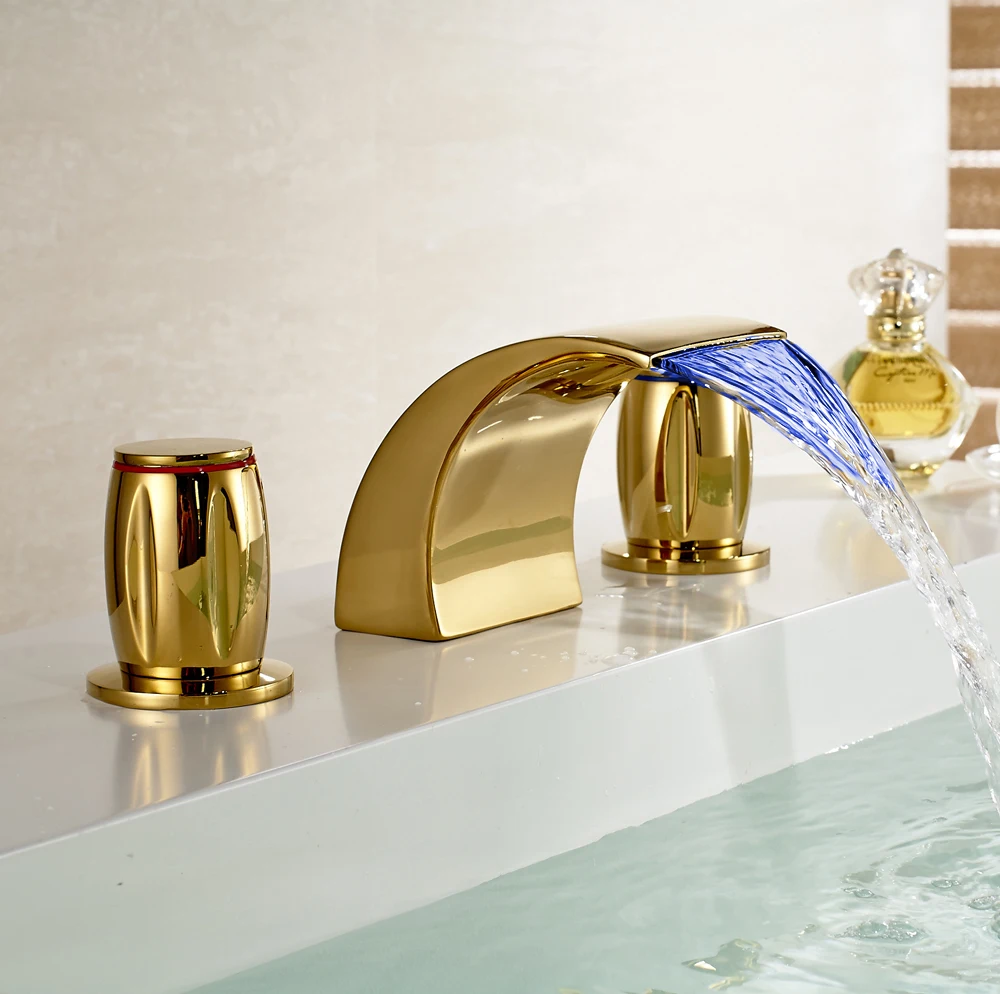 LED Colors Waterfall Bathroom Basin Faucet 3 Holes Sink Mixer Tap Gold