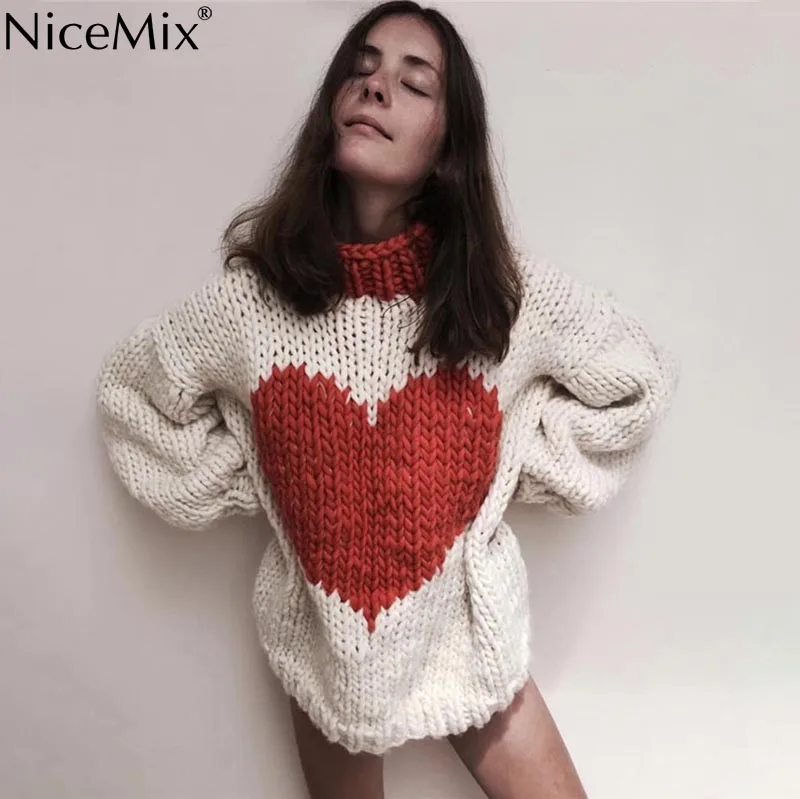 

NiceMix 2019 Autumn Casual Heart Sweater Women Pullovers Knitted Loose Knitwear Woman Clothes Pull Femme Jersey Mujer