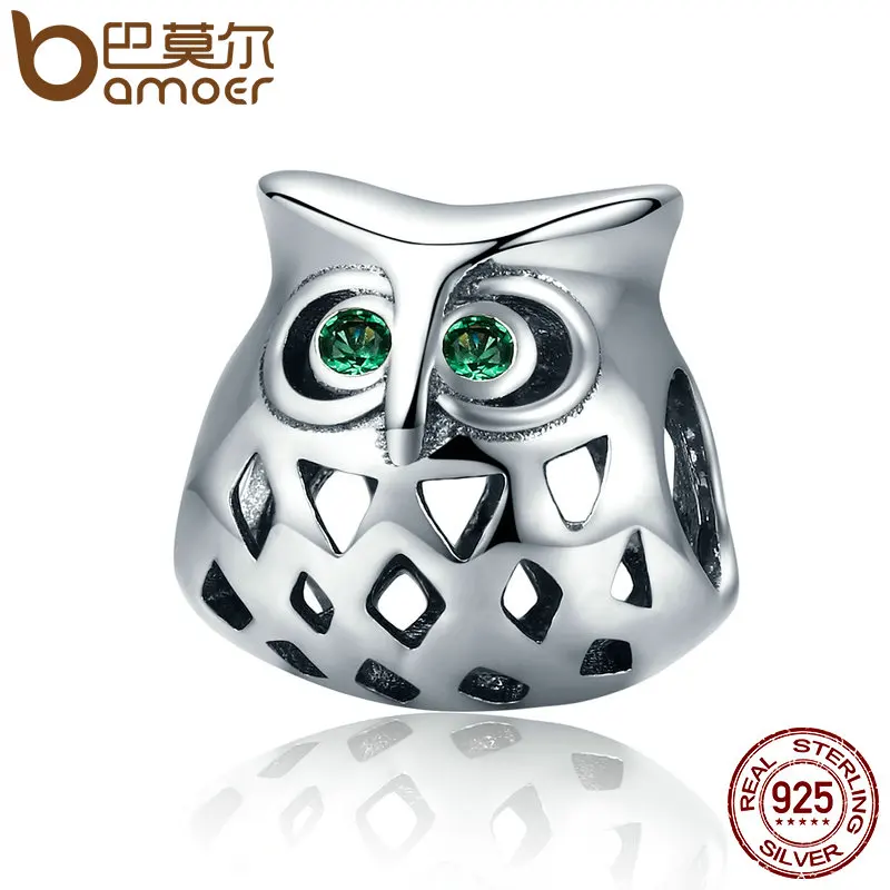 BAMOER New Arrival 925 Sterling Silver Lovely Owl Openwork Clear CZ Animal Charms fit Women Bracelets Jewelry Making SCC424