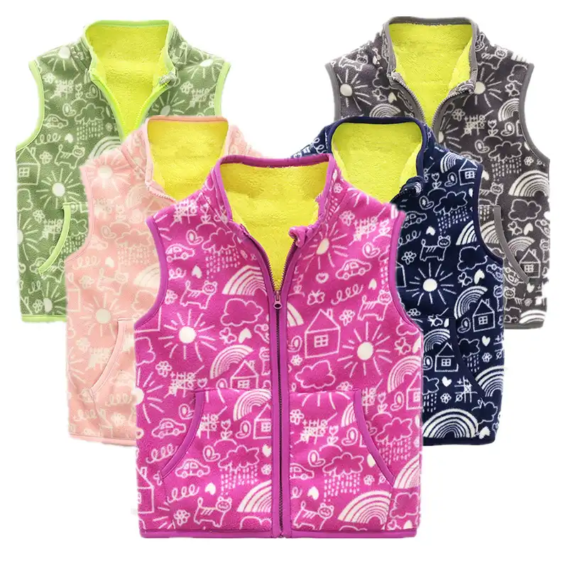 子供漫画の印刷フリースベスト屋外暖かい防風ベスト女の子カジュアル