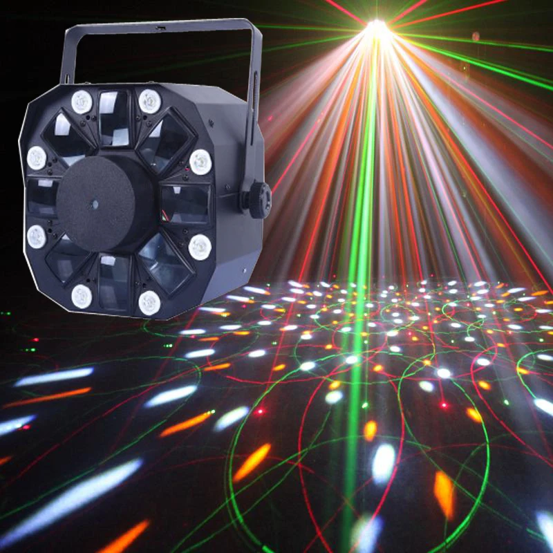 

New 150mW Multi Effect 3-in-1 Laser Stobe Moonflower RG moving laser DJ Part Light with Colorful Strobe effect 8 white LEDs, DMX