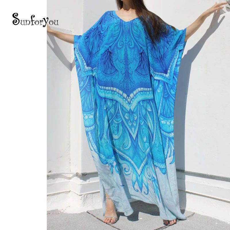 New Extra Plus size Cotton Long Beach Dress V neck Loose Print Cotton