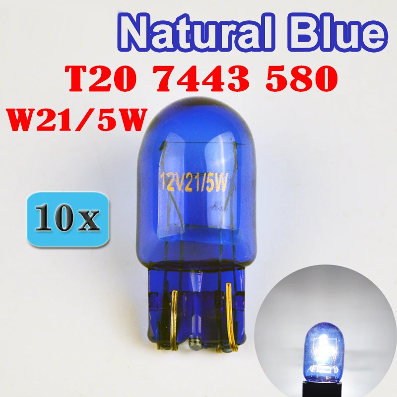 (10 Pieces/Lot) 580 7443 W21/5W XENON T20 Natural Blue Glass 12V 21/5W ...
