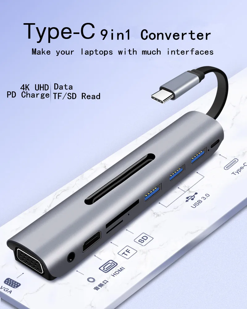 Thunderbolt 3 USB Type c к HDMI 4K VGA USB3.0x3 концентратор TF SD слот C PD аудио Женский Портативный 9в1