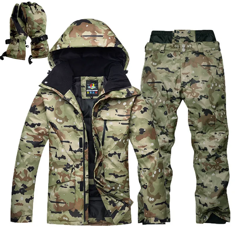 

10K Camouflage Ski Suit Set Men's Winter New Outdoor Windproof Waterproof 10000 Warm Snow Pants Set Skis + Ski Gloves
