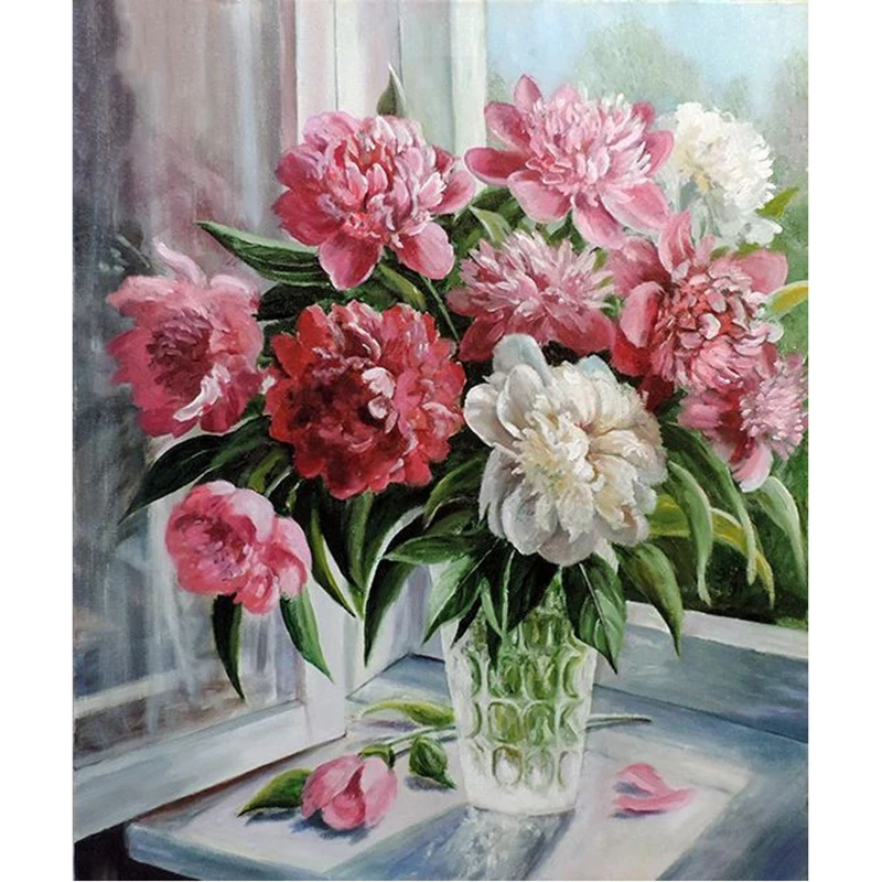 DIY Windowsill pink flower 5D full square diamond painting cross stitch diamond embroidery home decor diamond mosaic kit