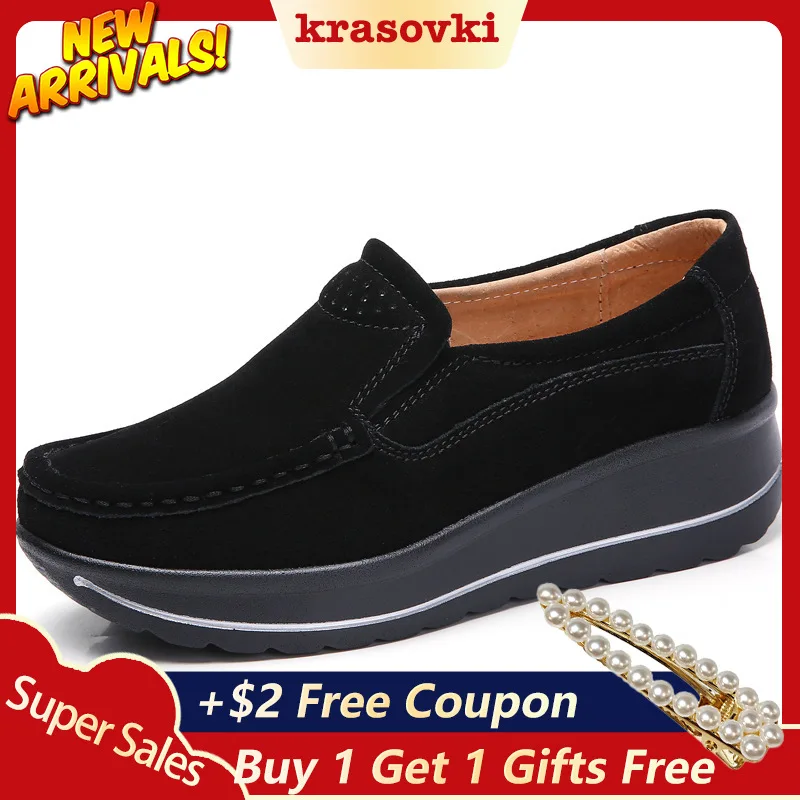 

Krosovki Spring Autumn Genuine Leather Women Shoes Platform Slip on Creepers Moccasins Shoes Slipony Female Suede Women Sneakers