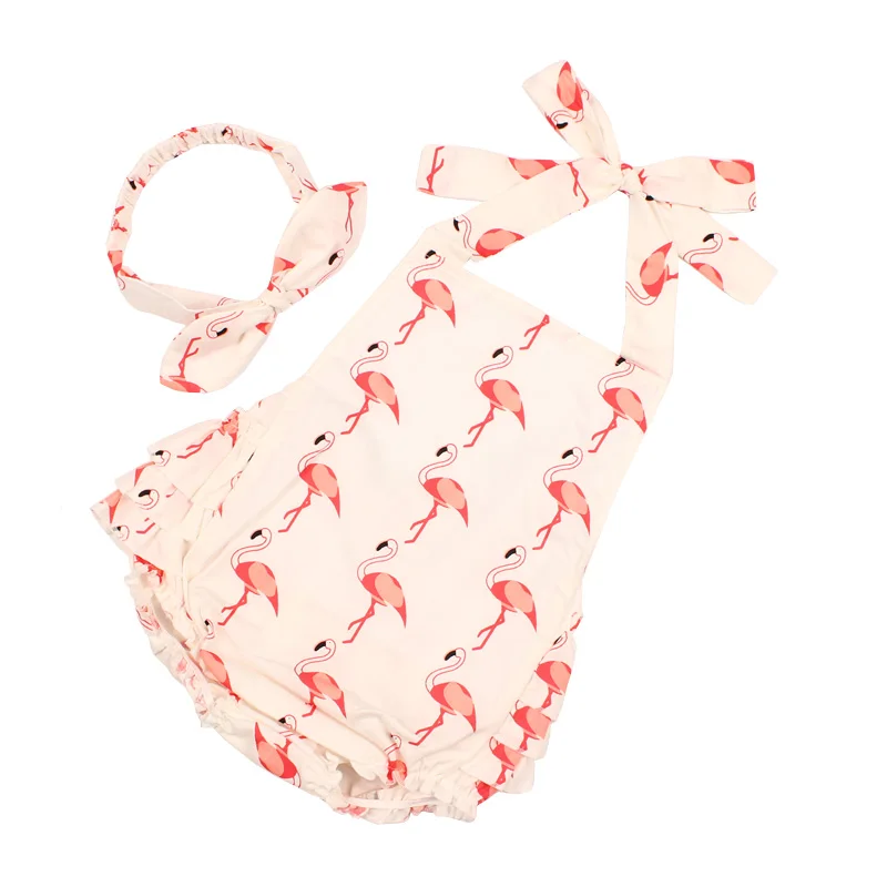 Flamingo Print Baby Girls Cotton Rompers and Headband 2pcs Sunsuit Kids Ruffles Jumpsuit Children Summer Beach Clothing (1)
