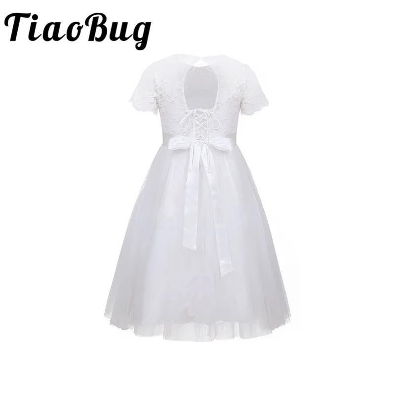 

Kids Children Flower Girls Dresses Lace Short Sleeves Lace-up Back Vestidos Pageant Dresses For Little Girls Princess Dresses