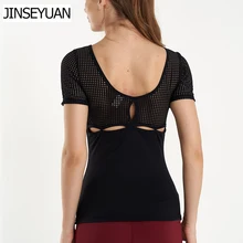 JINSEYUAN/летний женский топ с коротким рукавом и сеткой для йоги, танцевальная футболка, женские спортивные майки для бега, майки для фитнеса, быстросохнущая одежда для фитнеса