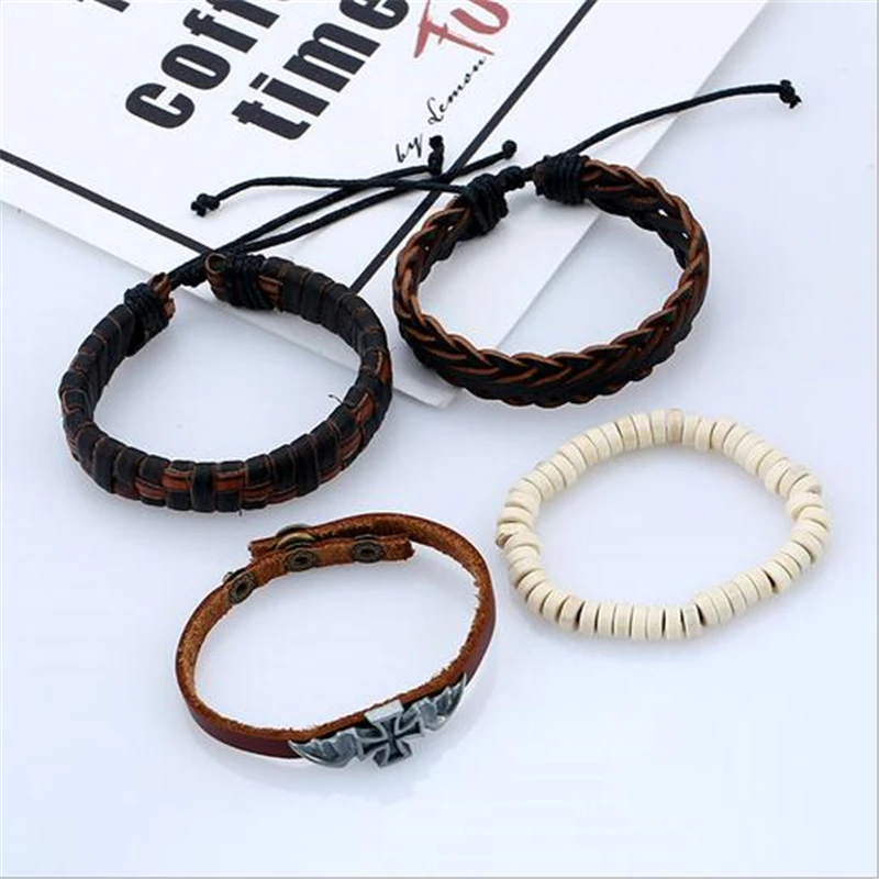 Винтажный Многослойный кожаный браслет с листьями, мужской модный плетеный браслет ручной работы из дерева, камня, бусин, веревки, браслеты и браслеты, мужские подарки