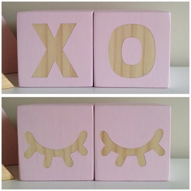 

2pcs/set Wooden Square Cubes Blocks Toys Wood Eyelash Letter Shape Craft Building Blocks Nordic Baby Kids Room Decor Photo Props