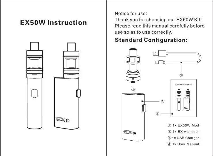 Hot EX50 Electronic Cigarettes Box Mod kit 2000mah e-cigarettes rechargable Battery 50w Vape pen 2ml Atomizer vapor vaporizer