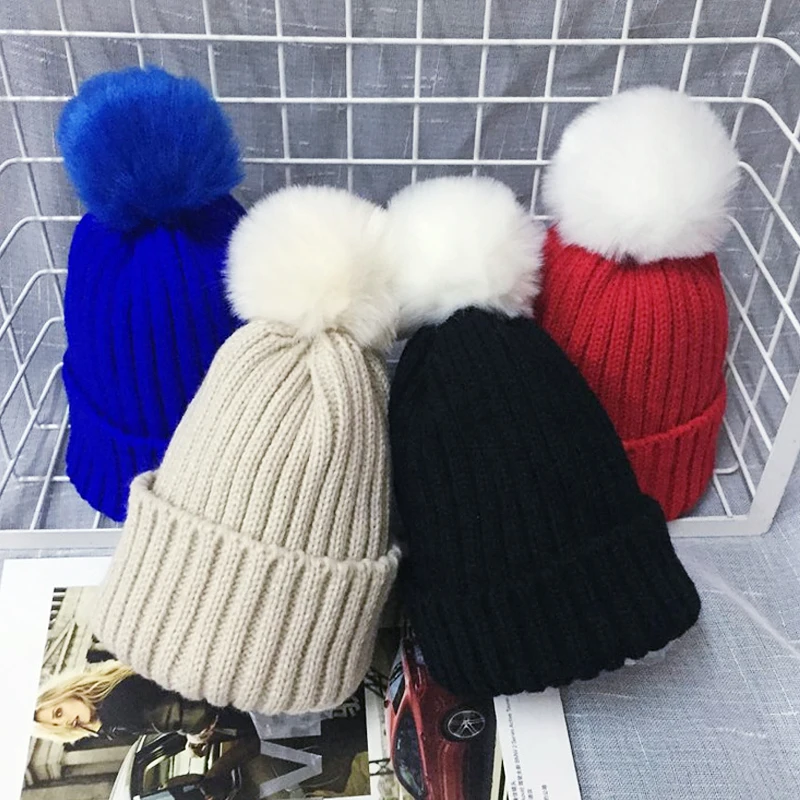 가짜 모피 공 pom poms 여성을위한 겨울 모자 소녀 니트 양모 beanies 모자 두꺼운 여성 모자 캐주얼 여성 모피 gorros 모자-에서스컬리스 & 비니즈부터 의류 액세서리 의 AliExpress 