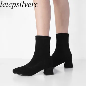 

Women's Boots Med Heel Warm Slip on Square Toe Mid-calf Stretch Boots Flock Thick Heel 2018 Sexy Fashion Black Beige Size 34-43