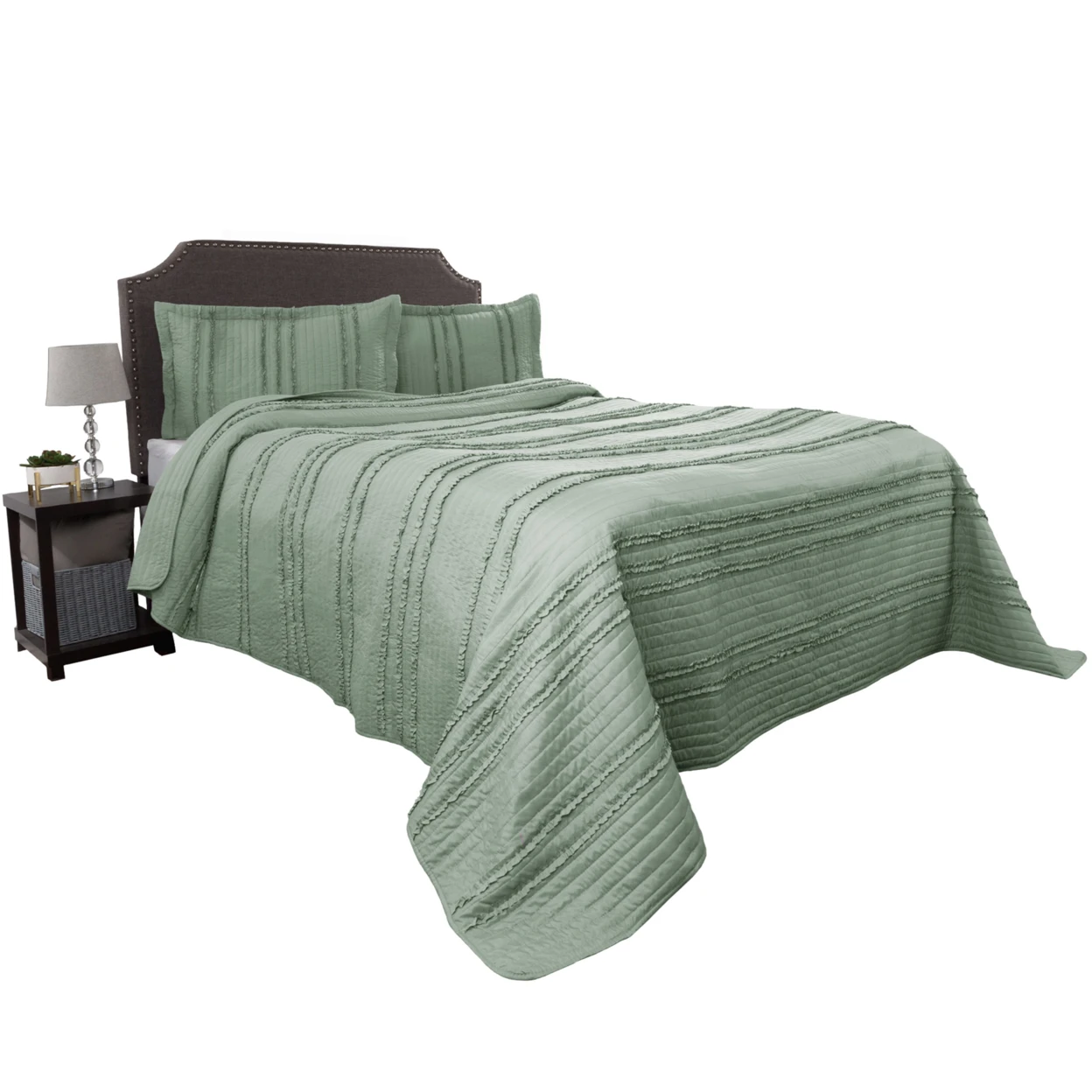 Mint Queen 3 Pc Set Quilted Bedspread Elegant Striped Ruffle Hypoallergenic w Shams (4)