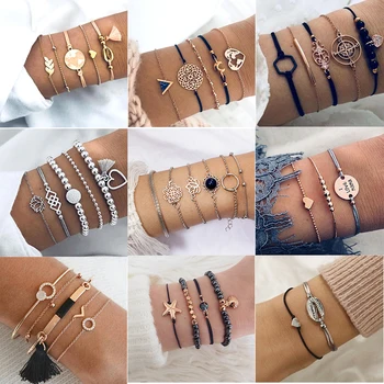 

17 Style Boho Vintage Shell Charm Link Bracelet Set for Women Hollow Lotus Map Beads Bracelet Party Wedding Jewelry Accessories