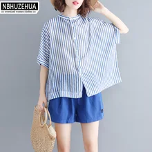 Nbhuzehua A305 Для женщин Летняя блузка рубашка большого размера в полоску базовые Топы Женская Винтаж Костюмы Свободная блузка 4XL 5XL 6XL