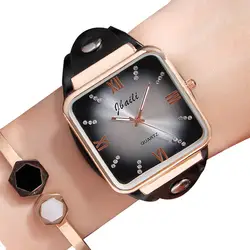 Лидирующий бренд женское платье часы Новые Модные простые женские наручные часы площади Форма неповторимый блеск Циферблат Кожаный Relojes