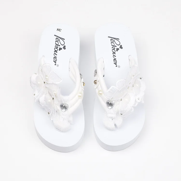Korean Handmade Pearl Butterfly Slippers Female Summer Non-slip Beach White Platform Wedge Flip Flops Shoes Cheap Online 6cm45