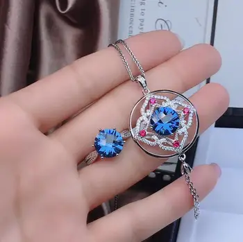 

classic ocean blue Topaz gemstone ring and necklace with 925 silver jewelry set 2