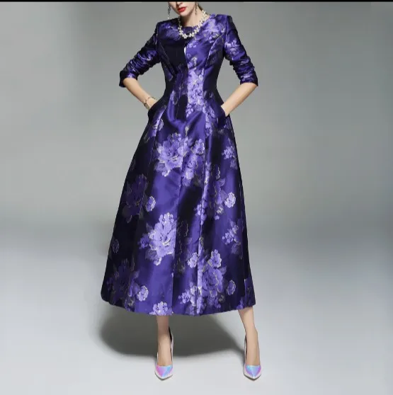 

2019 Fashion Spring Autumn Women Purple Flower Jacquard Long Windbreaker Vintage Ultra Long Trench Coat Slim Overcoats Outwear