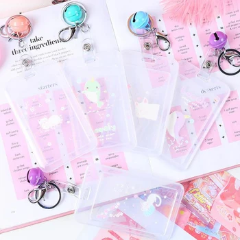 

1 Pcs Kawaii Whale Cat Transparent Plastic Card Holder Keyring Bank Card ID Card Bus Holder Case Bag with Bell Chain Stationery