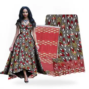 

African Wax Print Fabric With Lace Embroidered Cotton African Guipure Lace Fabric With Stones For Party WL180806s
