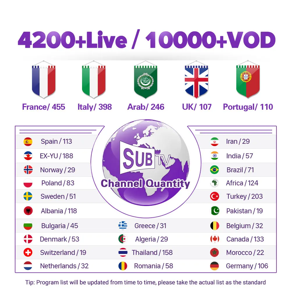 SUBTV IPTV France Arabic Spain Italy Portugal IPTV Subscription HK1 Super Smart TV Box Android 9.0 BT 4.0 UK Canada Turkey IP TV