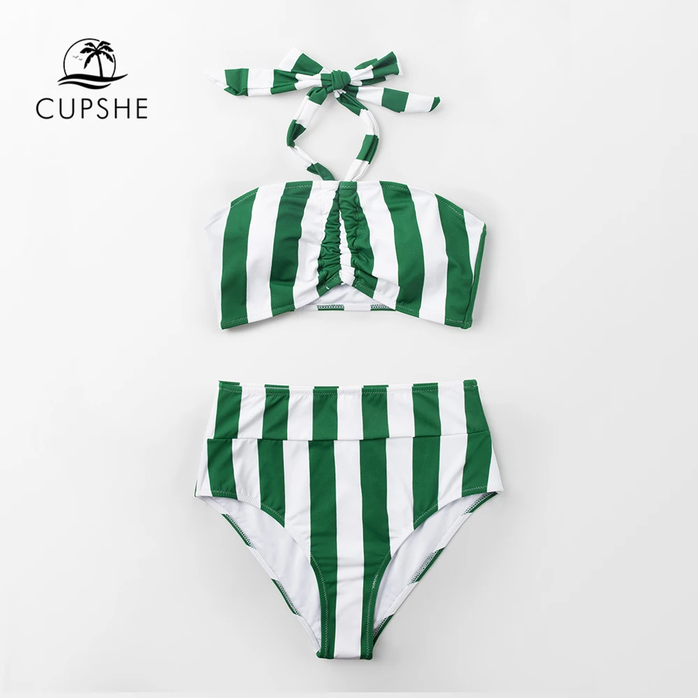 CUPSHE/милые зеленые и белые полосатые женские комплекты бикини с высокой талией