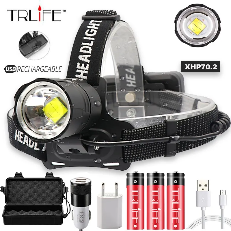 

90000LM Super Bright Led XHP70.2 Headlight Headlamp USB Rechargeable Head Torches XHP70 Lantern 3*18650 Battery Fishing Camping