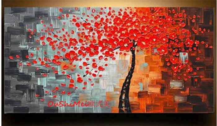 

Hand Painted Modern Pictures On Canvas Abstract Oil Painting Red Flower Tree Paintings For Living Room Wall Decor Hang Paintings