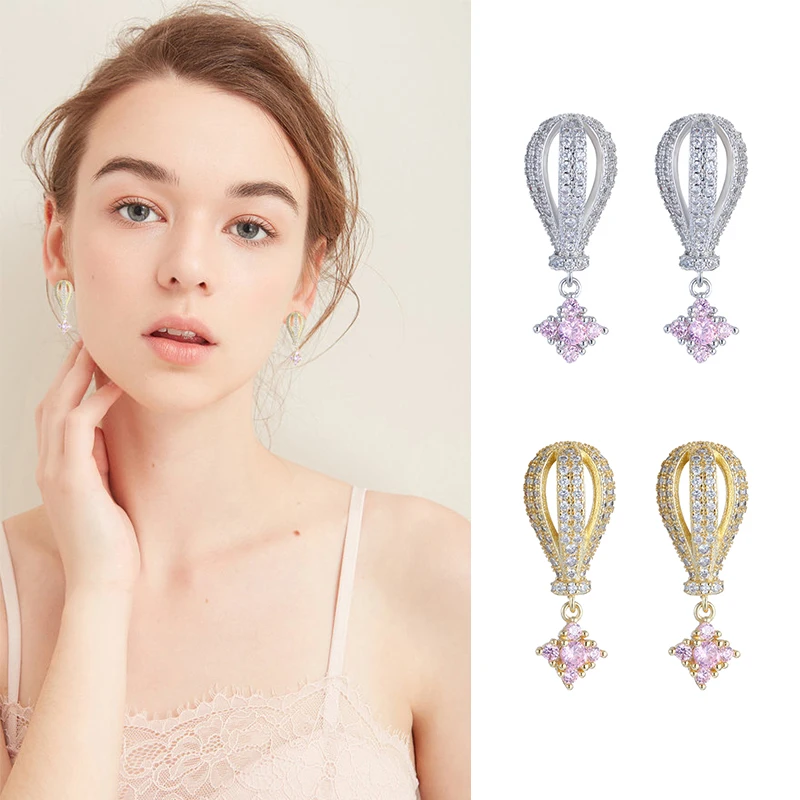 

S925 Sterling Silver Ear Needle Piercing Earrings New Cute Hot Air Balloon Earrings Top CZ Pave Stud Earrings For Women