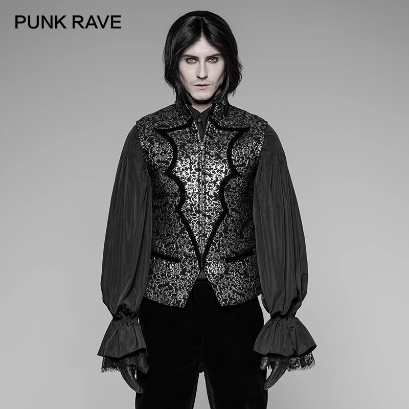 

PUNK RAVE New Men Gothic Bat Collar Vest Steampunk Fashion Party Vintage Jacquard Woven Stage Cosplay Jacket Waistcoat Clothing