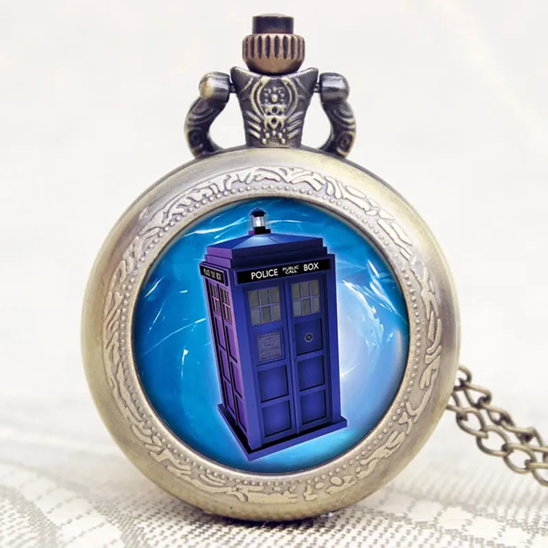 

Hot TV Series Doctor Who Police Box Design Pocket Watch Chain High Quality Gift Men Women Fob Watches P1147