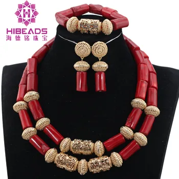 

2017 New Nigerian African Wedding Natural Coral Beads Set Earrings Necklace Bracelet Free Shipping ANJ386