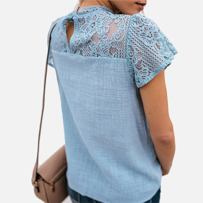 Cotton Lace Short Petal Sleeve Women's Shirts 2019 Patchwork Appliques Vintage Stand Collar Female O Neck Casual Summer Blouses